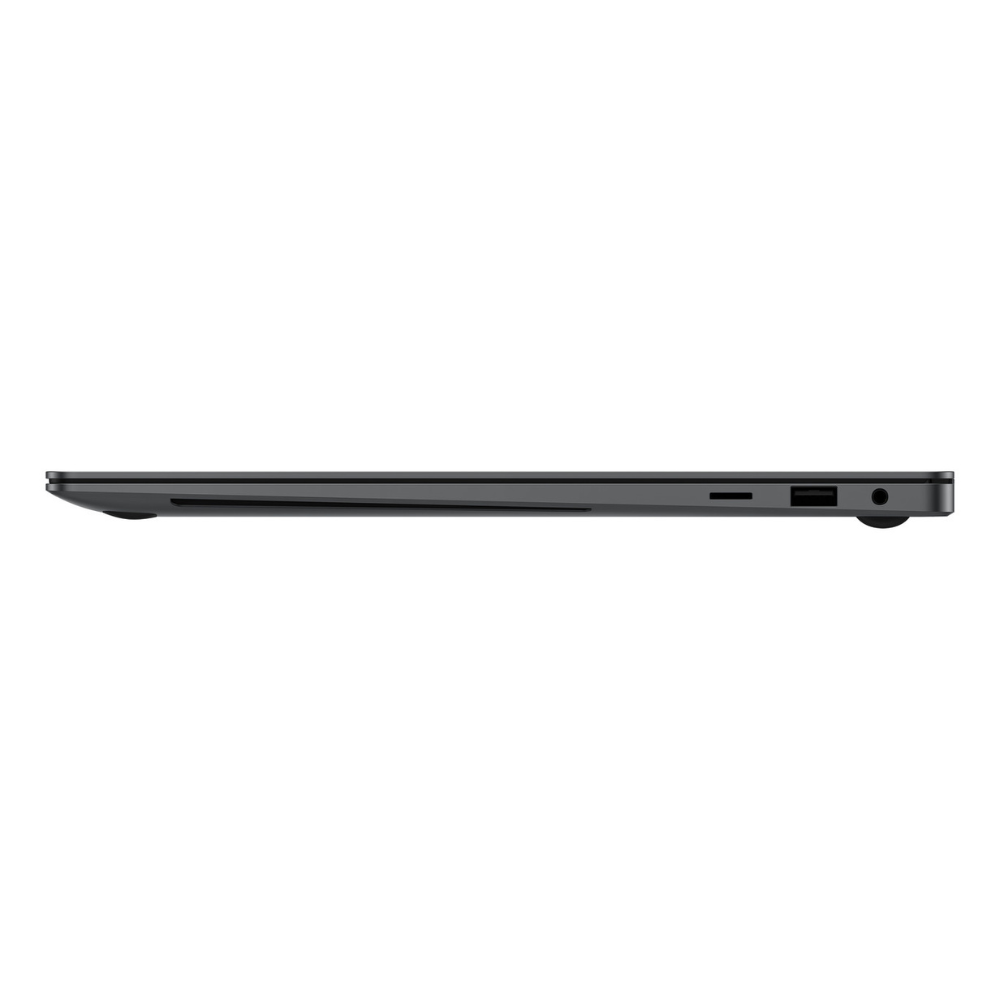 Gray Samsung laptop side view with port cluster near the front edge
