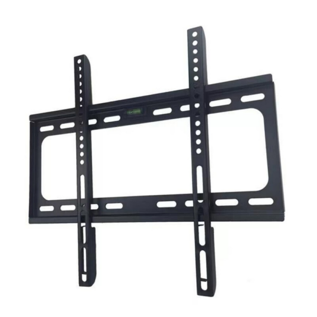 Black slim TV wall mount bracket close-up with perforated side bars and plates