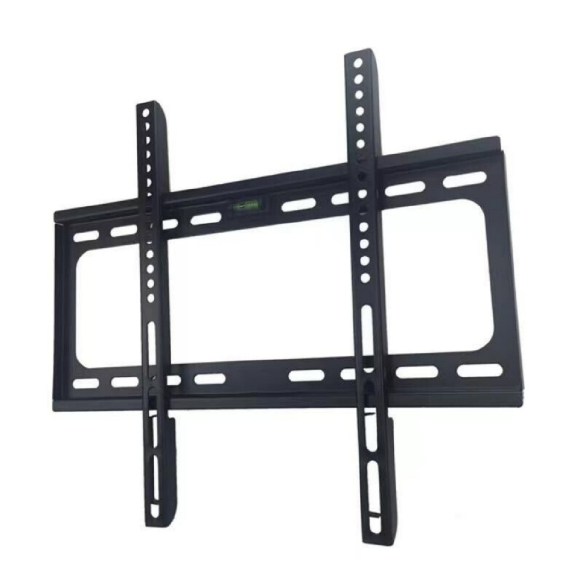 Black slim TV wall mount bracket close-up with perforated side bars and plates