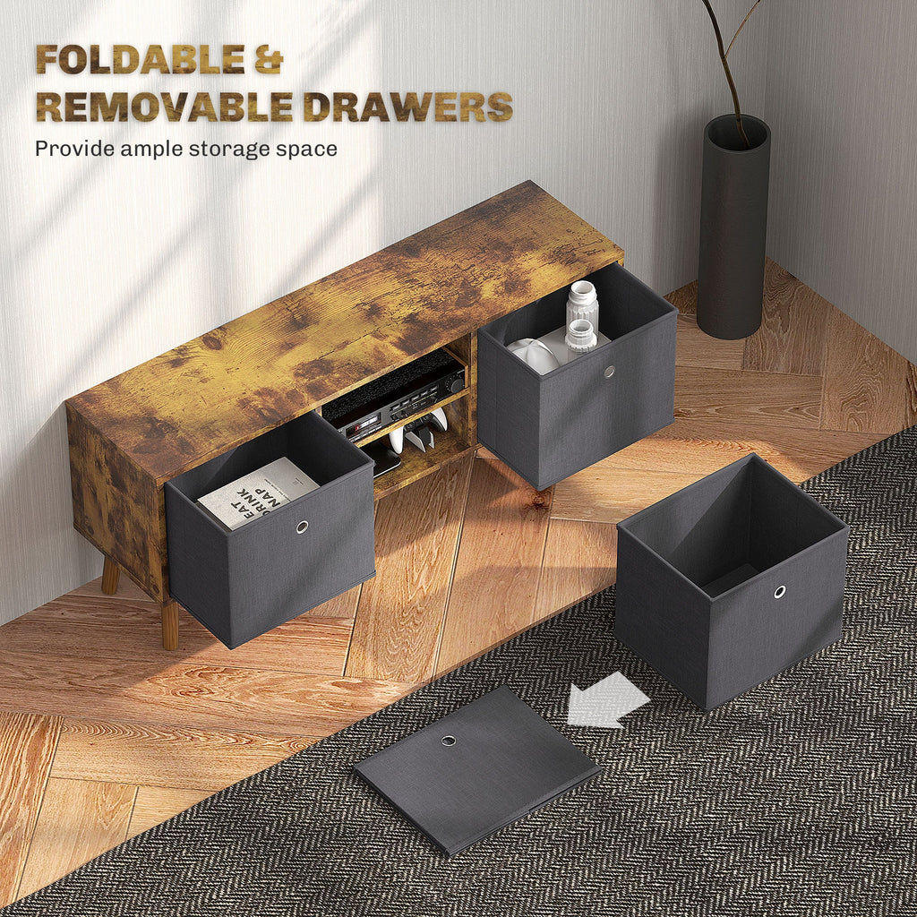 TV cabinet with removable folding storage drawers, gray interiors and rustic brown body