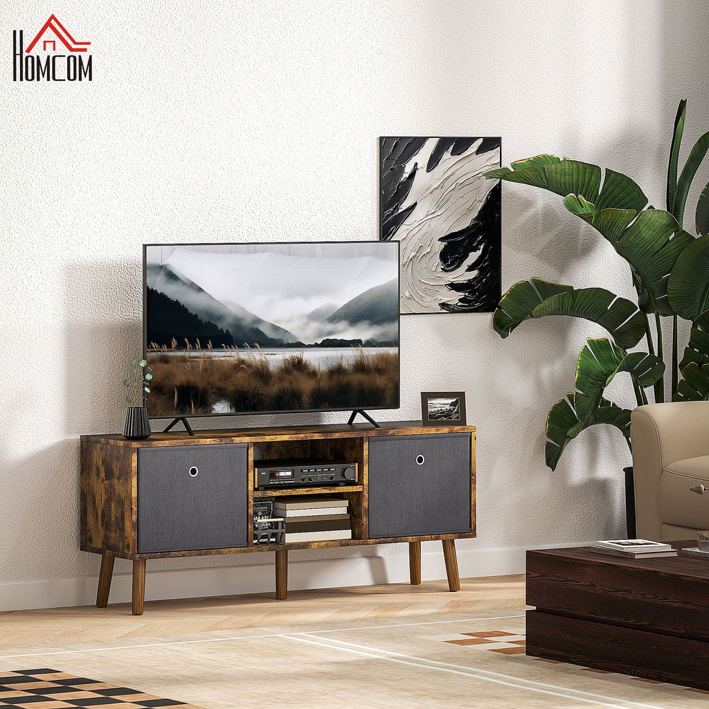 Rustic brown TV stand with two cabinet doors and center open media storage
