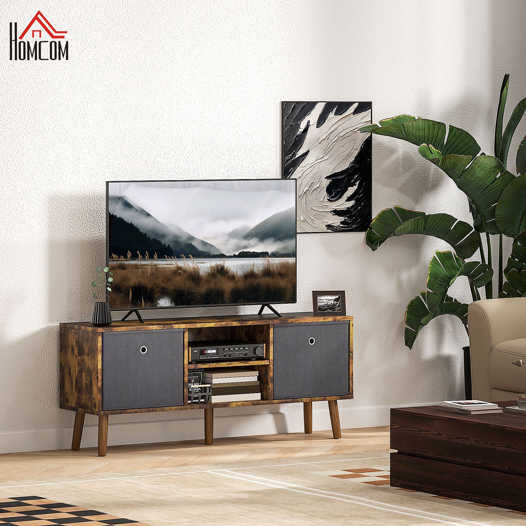 Rustic brown TV stand with two cabinet doors and center open media storage
