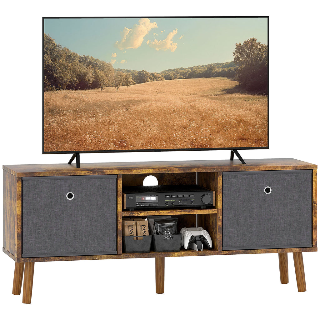 Modern TV cabinet with two doors, center open shelf, rustic brown frame and gray panels