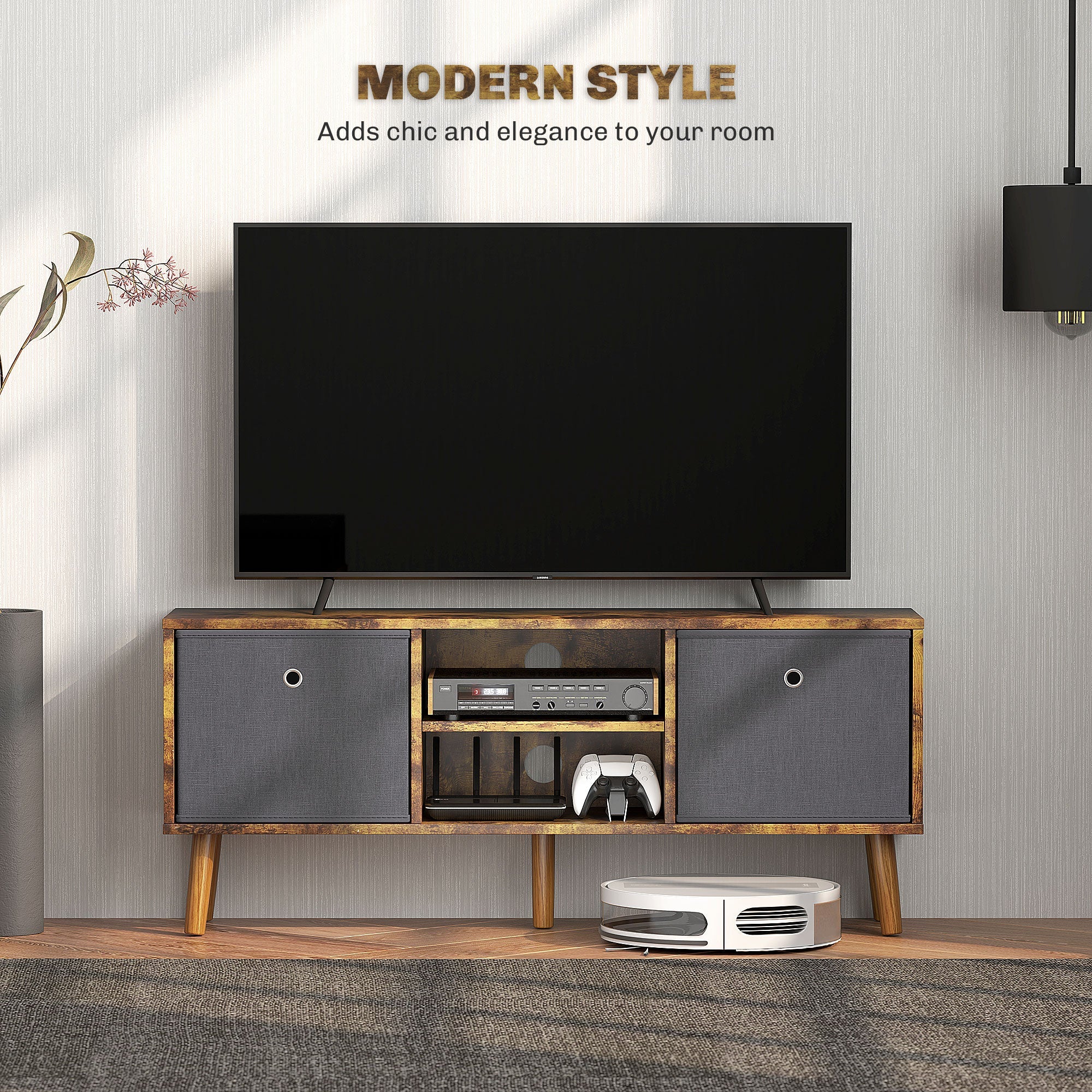 Rustic brown TV cabinet with two cabinet doors and center media shelf for console