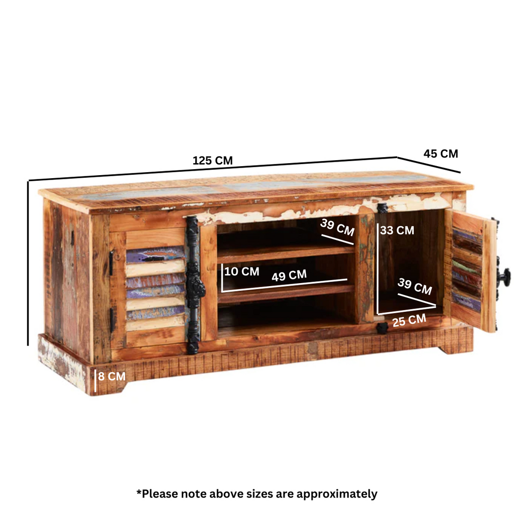 Distressed wood TV cabinet with size measurements overlay: 125 cm wide