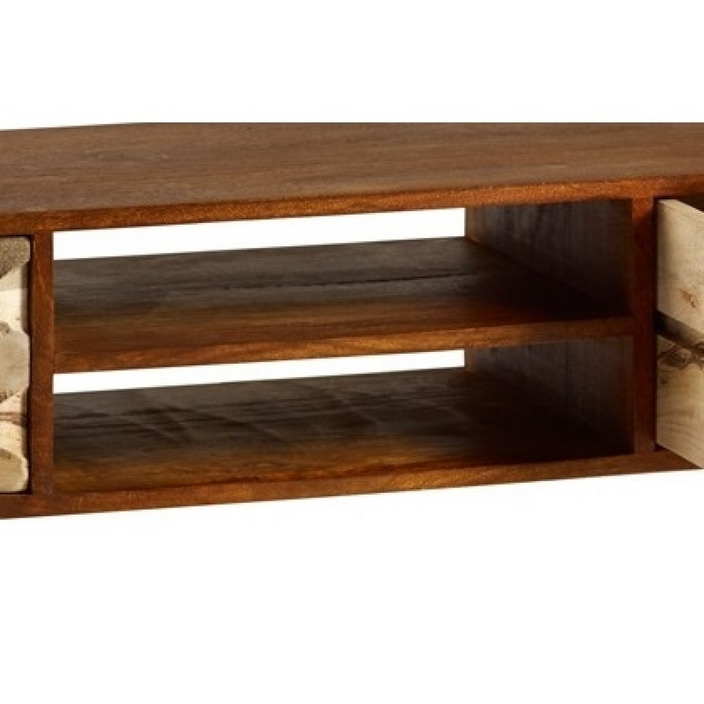 Wood TV stand interior with two open cubbies and dark smooth shelving