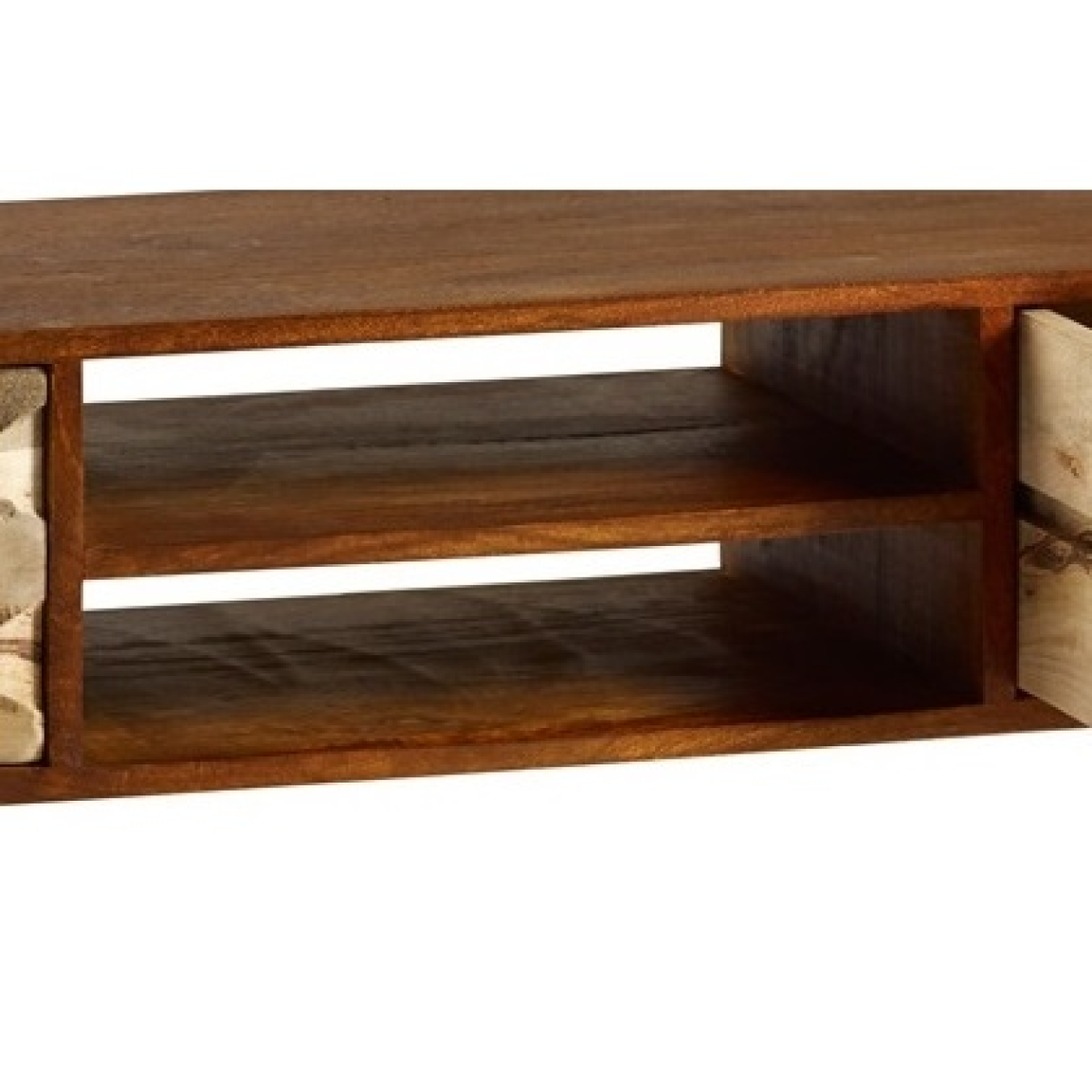 Wood TV stand interior with two open cubbies and dark smooth shelving