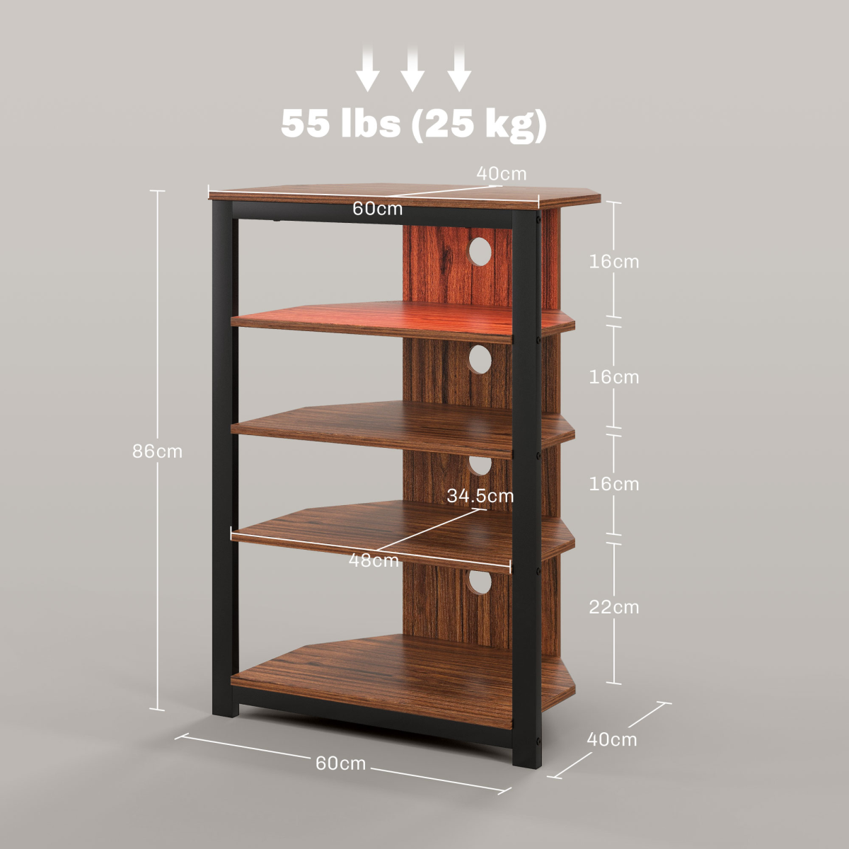 Measured diagram of 4-tier TV stand with wood shelves and black frame, side view.
