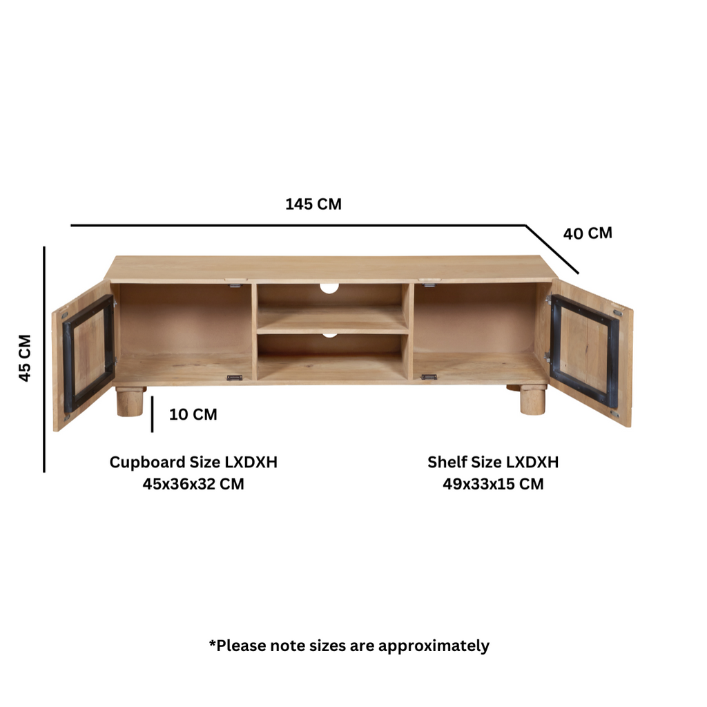 Light wood TV cabinet dimensions: 145cm W, 45cm H, 40cm D; internal shelf/cup sizes