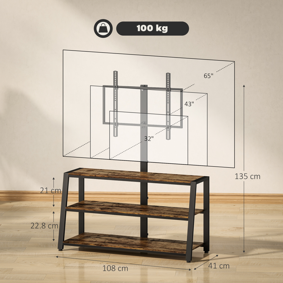 TV stand cabinet with swivel mount and open shelves, featuring size measurement diagram