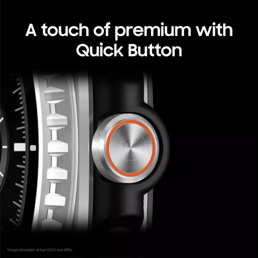 Smartwatch close-up with brushed silver bezel and orange-ring Quick Button on black case