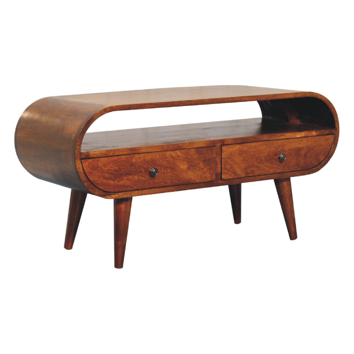 Chestnut circular TV stand with two drawers and open shelf, shown from side angle