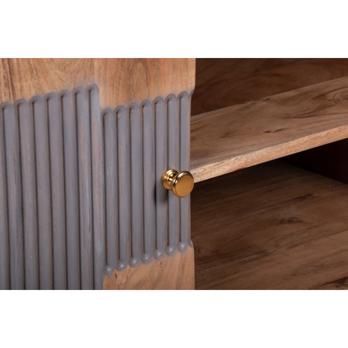 Gray ribbed cabinet panel with brass-toned knob on acacia wood frame