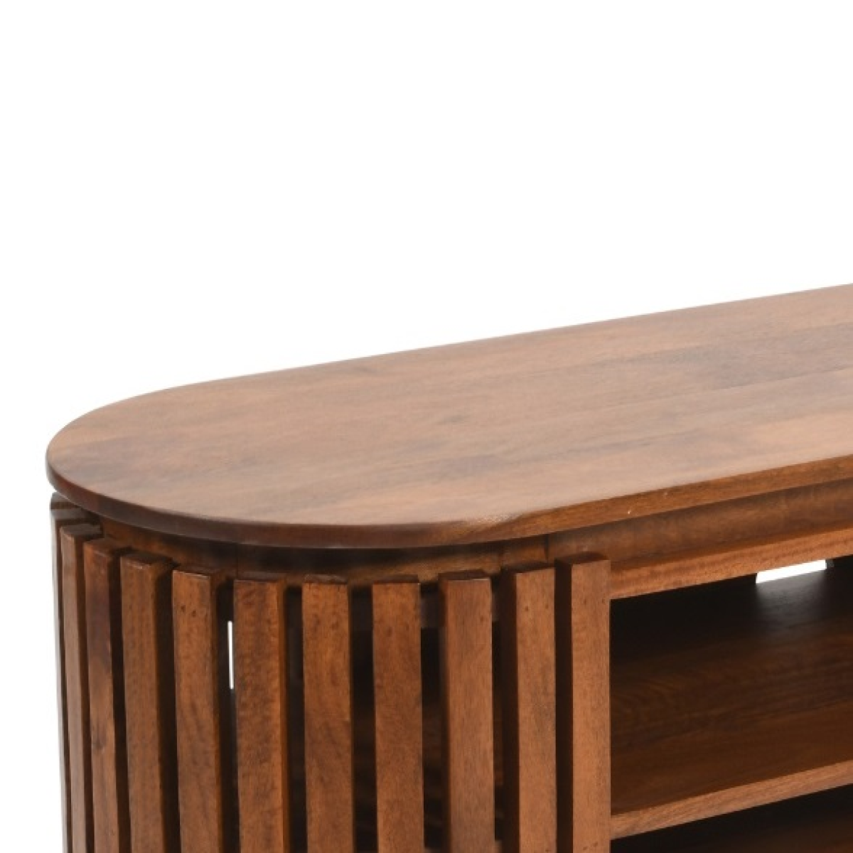 Close-up of slatted mango wood cabinet side with rounded top and open shelf