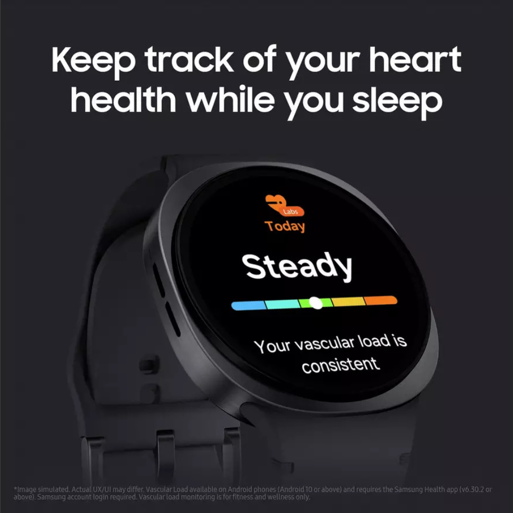 Graphite smartwatch with black screen showing a colored heart-health gauge.