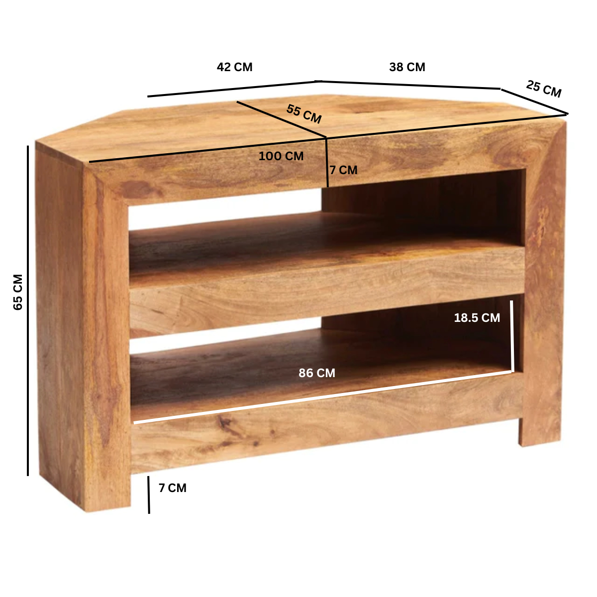 Mango wood TV corner unit with open shelves and labeled size diagram
