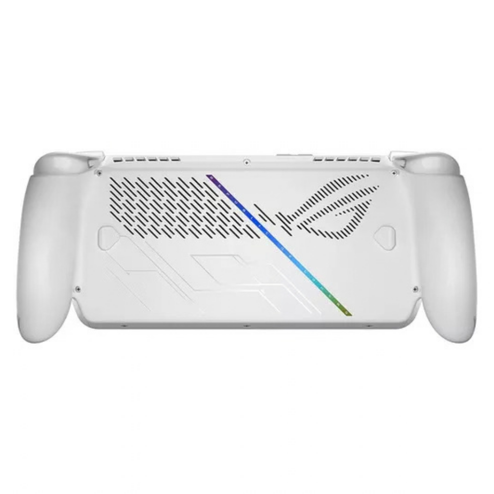 White handheld gaming console rear vented panel with blue status strip