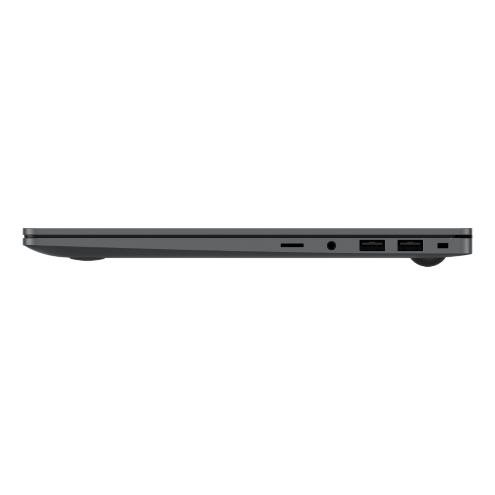 Gray Samsung laptop side edge showing ports and headphone/mic jack