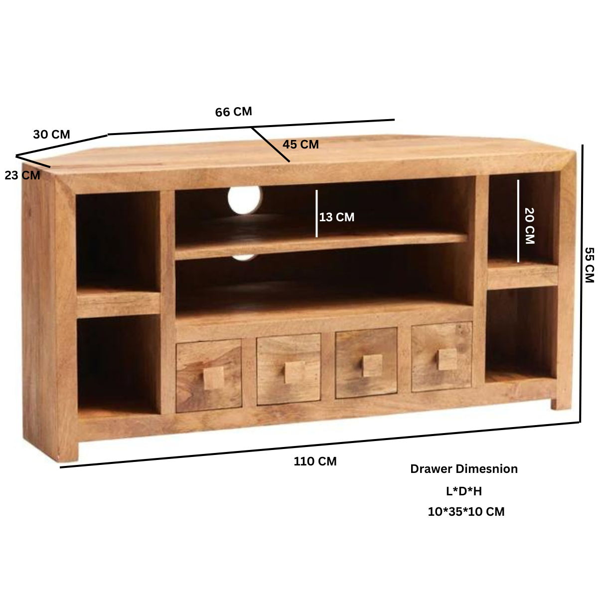 Light mango TV corner unit with dimensions: 110cm W, 66cm L, 55cm H; 10"x5" drawer