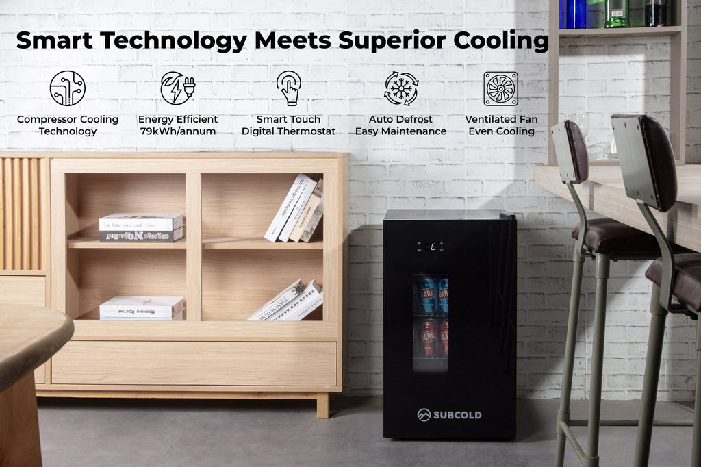 Black Subcold beer fridge with front glass view panel and digital temperature