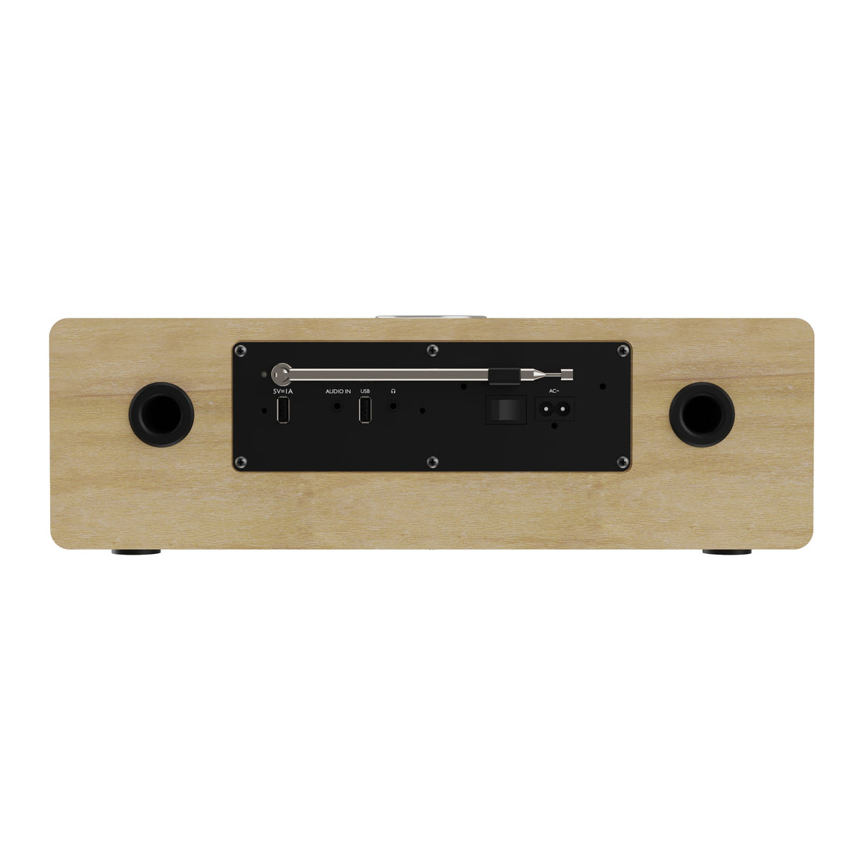 Wooden music system back panel with speaker ports and input connections.