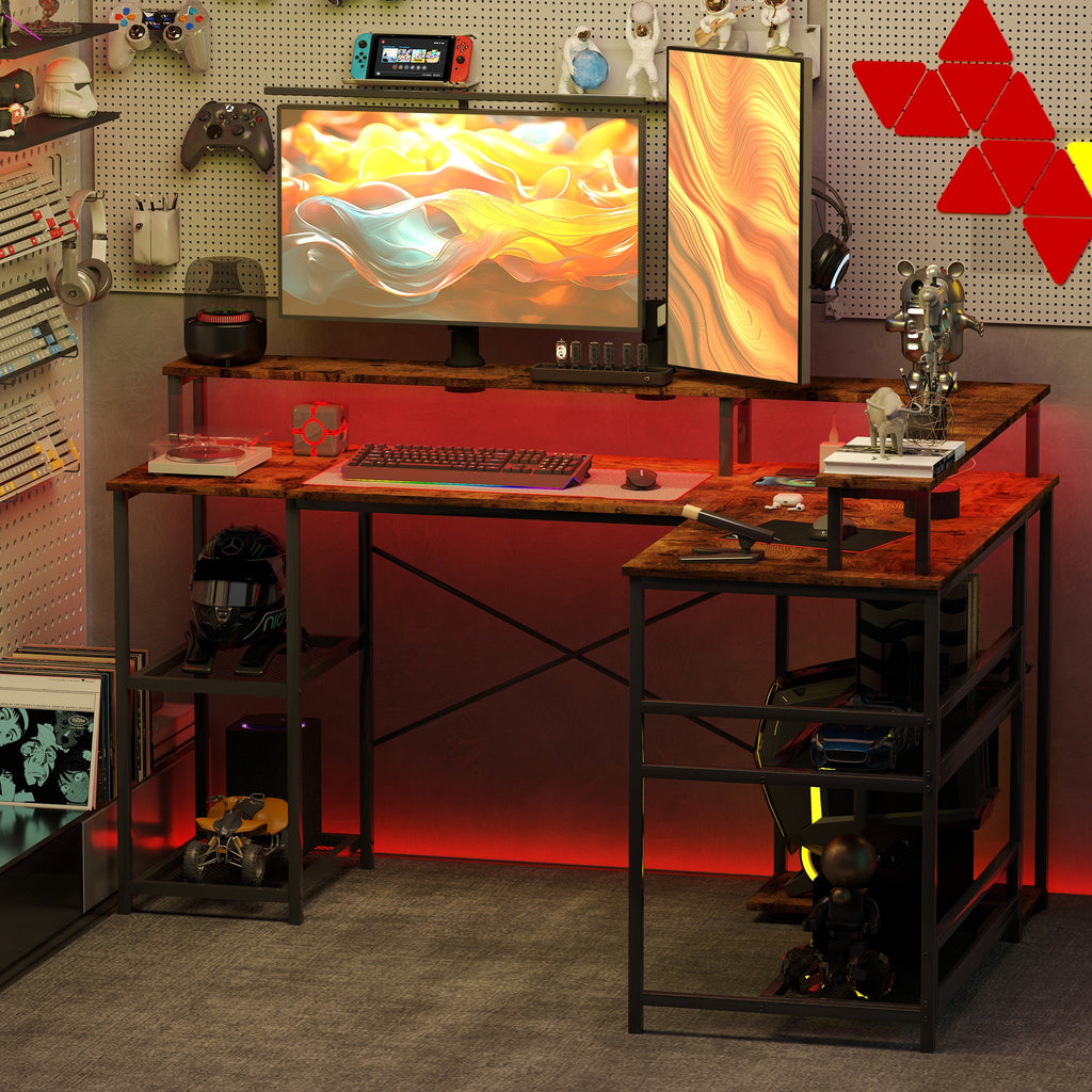 Corner gaming desk with rustic brown worktop, dual monitor stands, and red LED glow