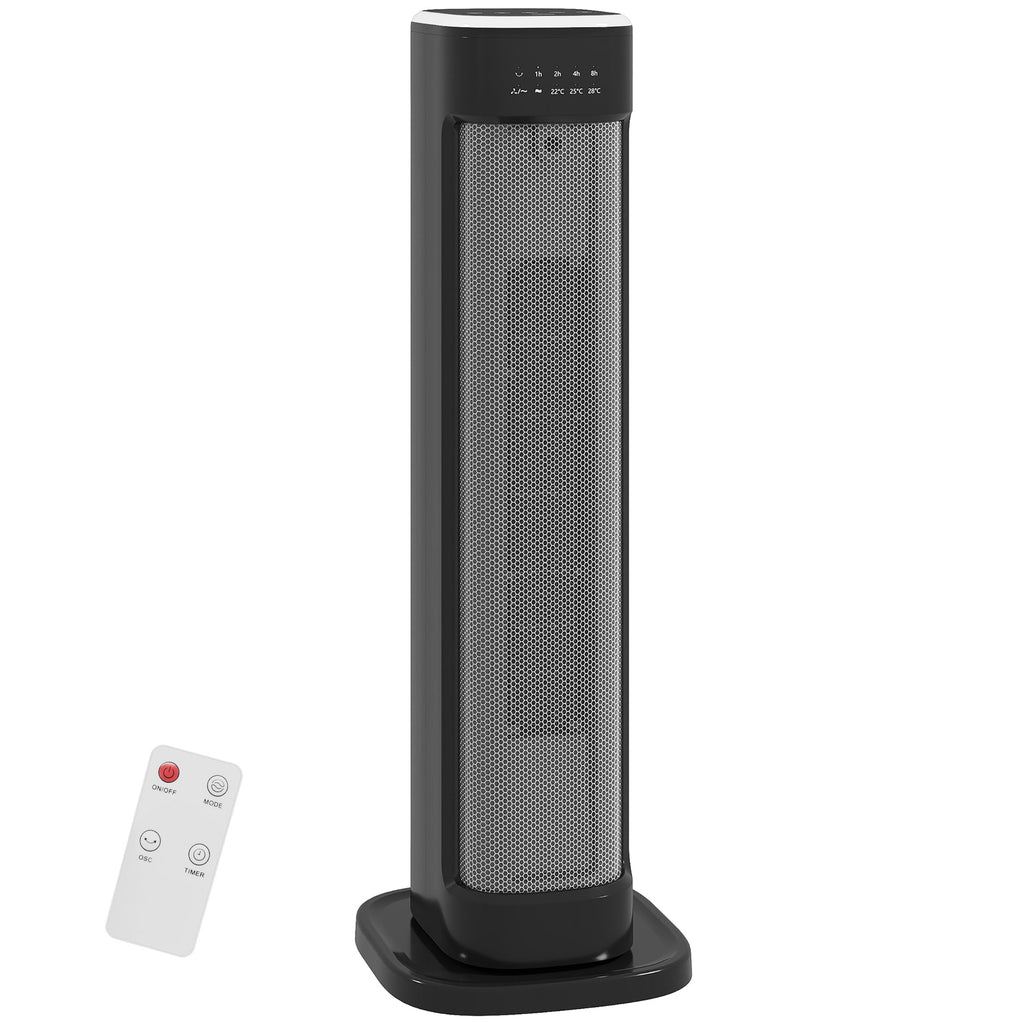 Black ceramic tower electric heater with mesh grille and remote control, white background
