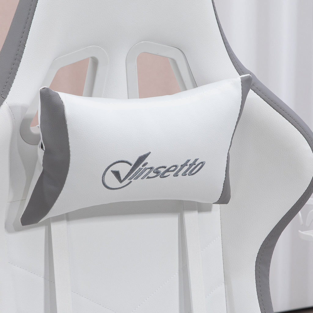 Close-up of white gaming chair backrest with gray side panels and Vinsetto logo