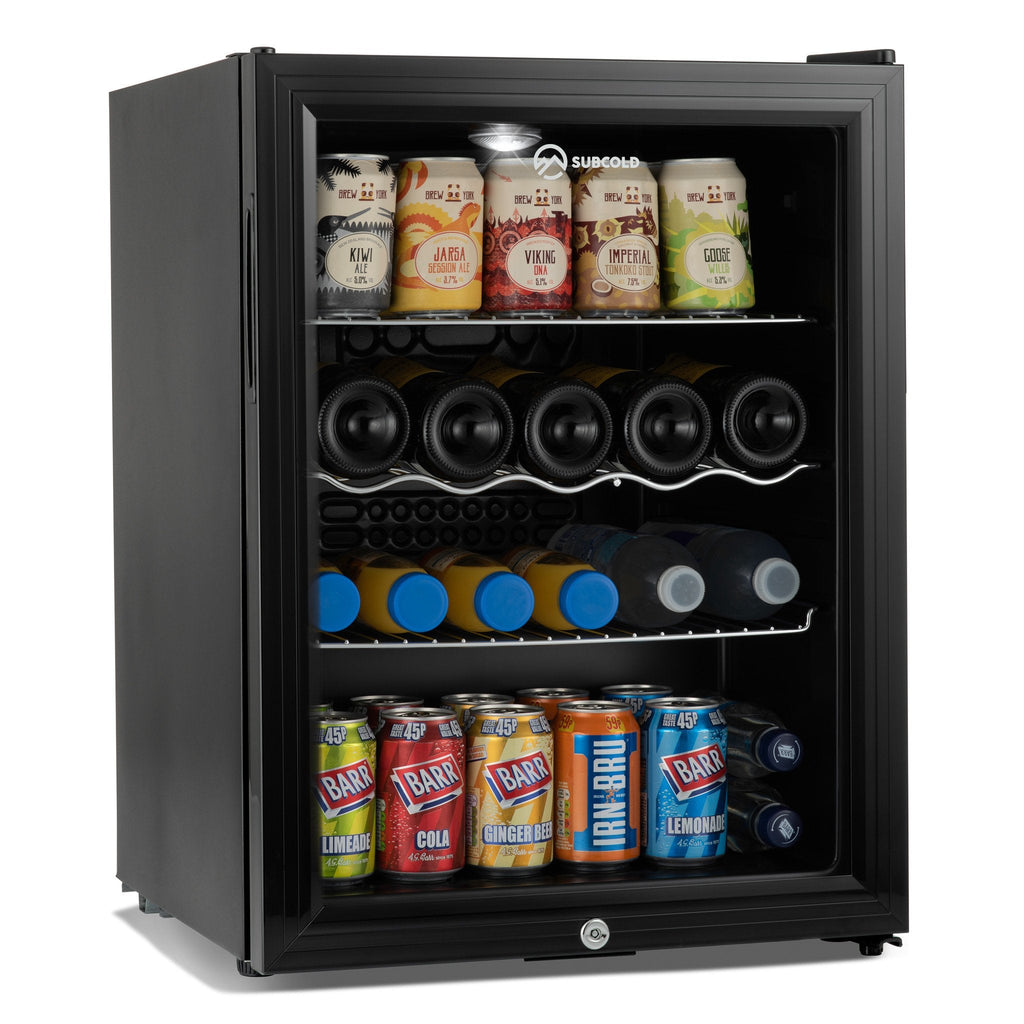 Black drinks fridge with glass door showing stacked cans, bottles, and LED lighting