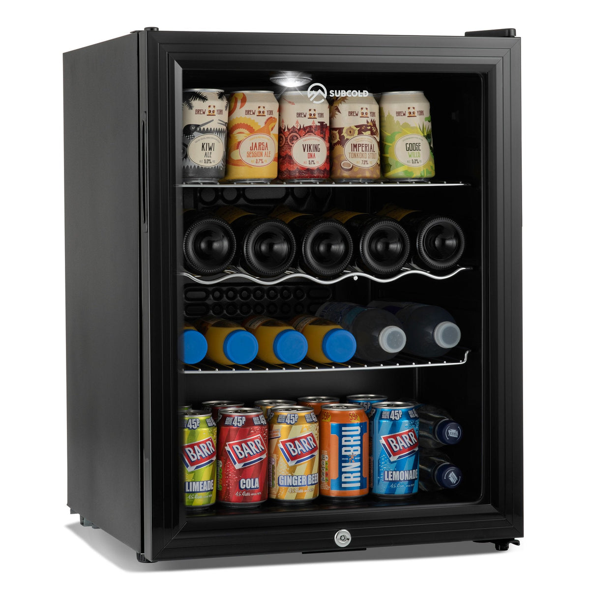 Black drinks fridge with glass door showing stacked cans, bottles, and LED lighting