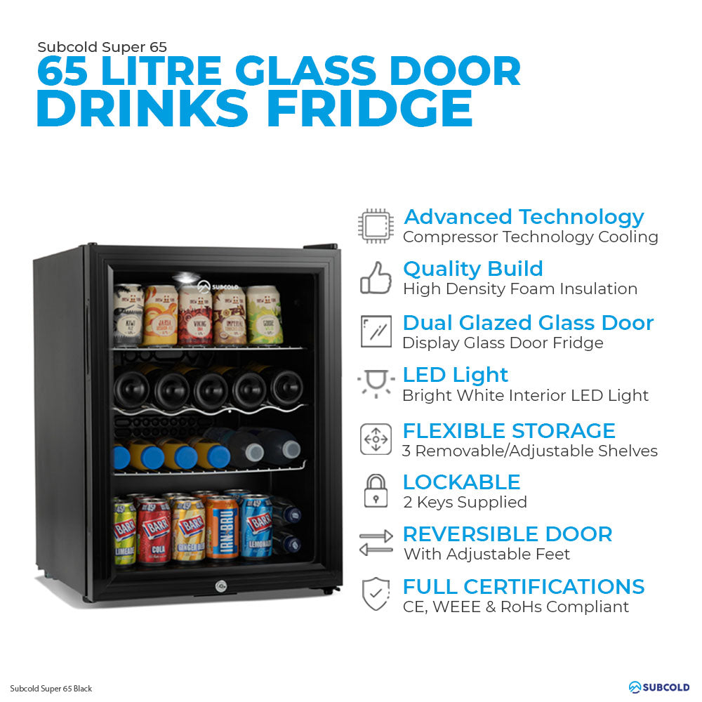 Black drinks fridge with glass door and LED light, with removable internal shelving