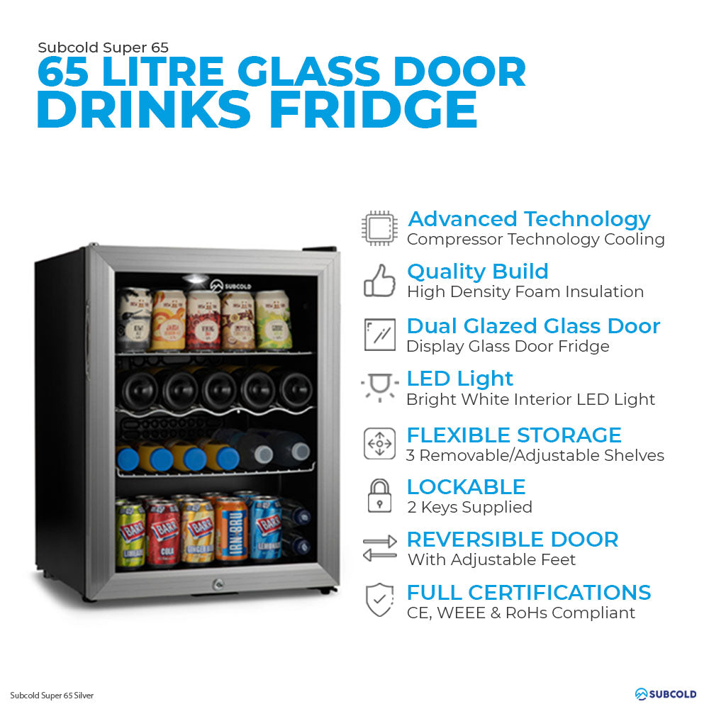 Compact black drinks fridge with glass door and interior LED lighting