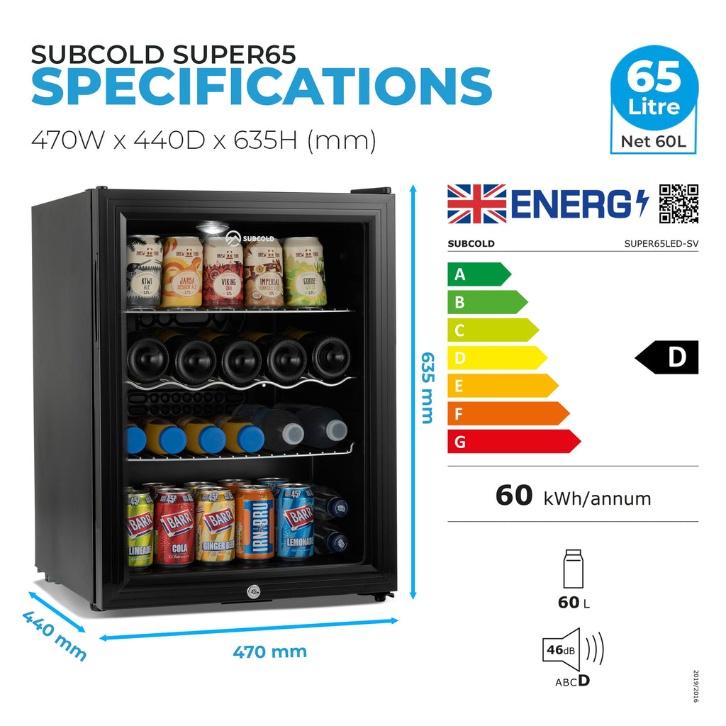 Black drinks fridge with glass door, LED-lit interior shelves for cans and bottles