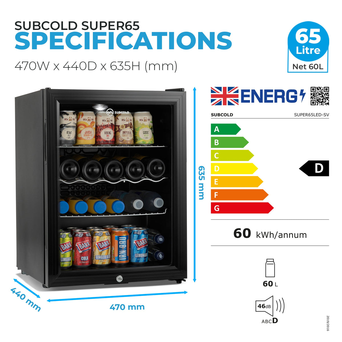 Black drinks fridge with glass door, LED-lit interior shelves for cans and bottles