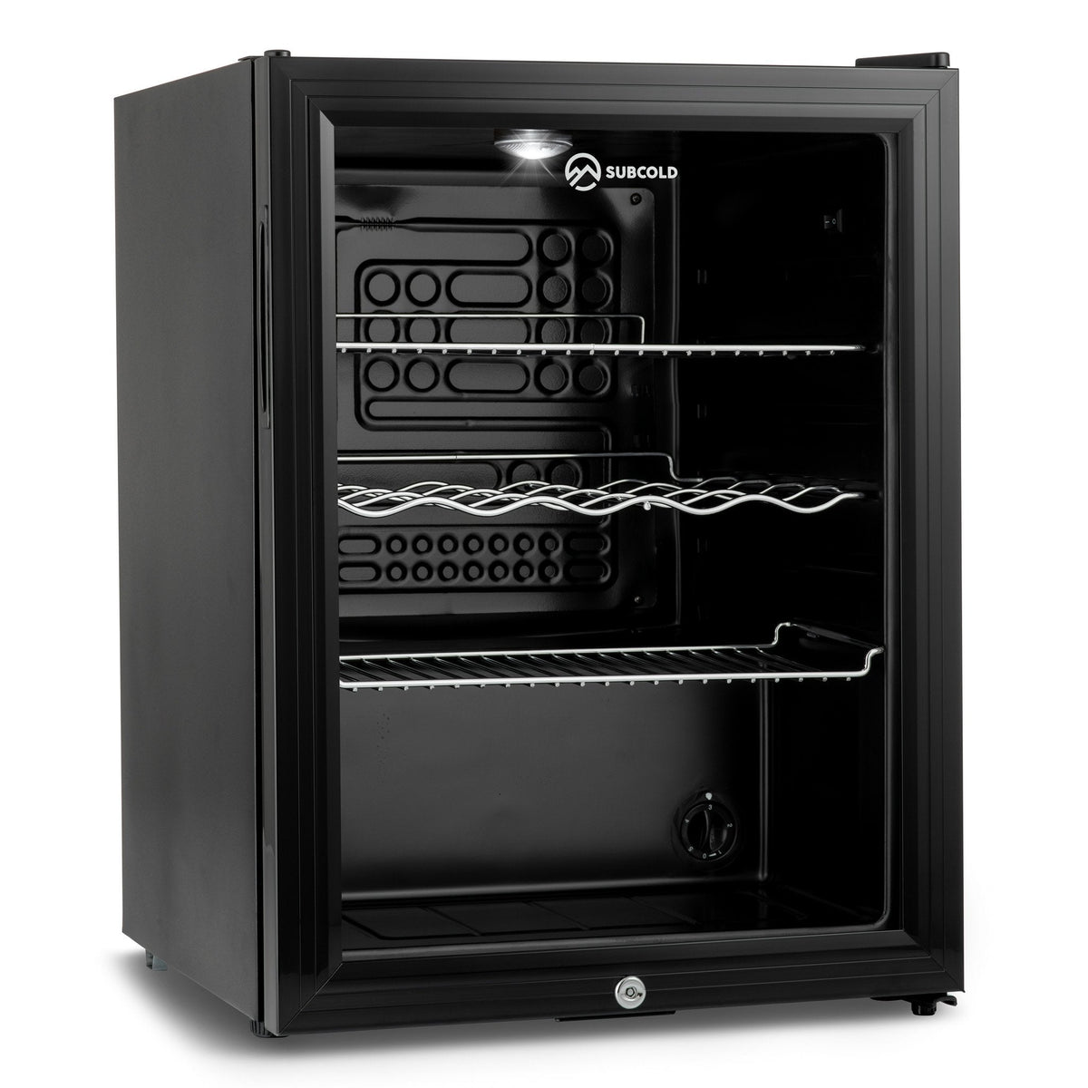 Black drinks fridge with glass door showing empty interior shelves and bottle racks