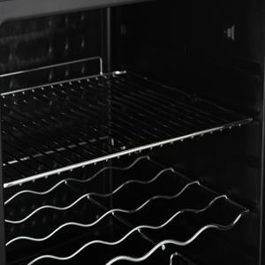 Black drinks fridge interior with wire rack and wavy bottle holder rows
