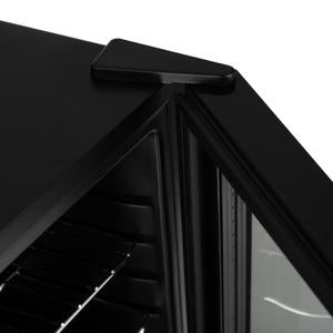 Black drinks fridge top door handle with LED-lit interior shelves visible