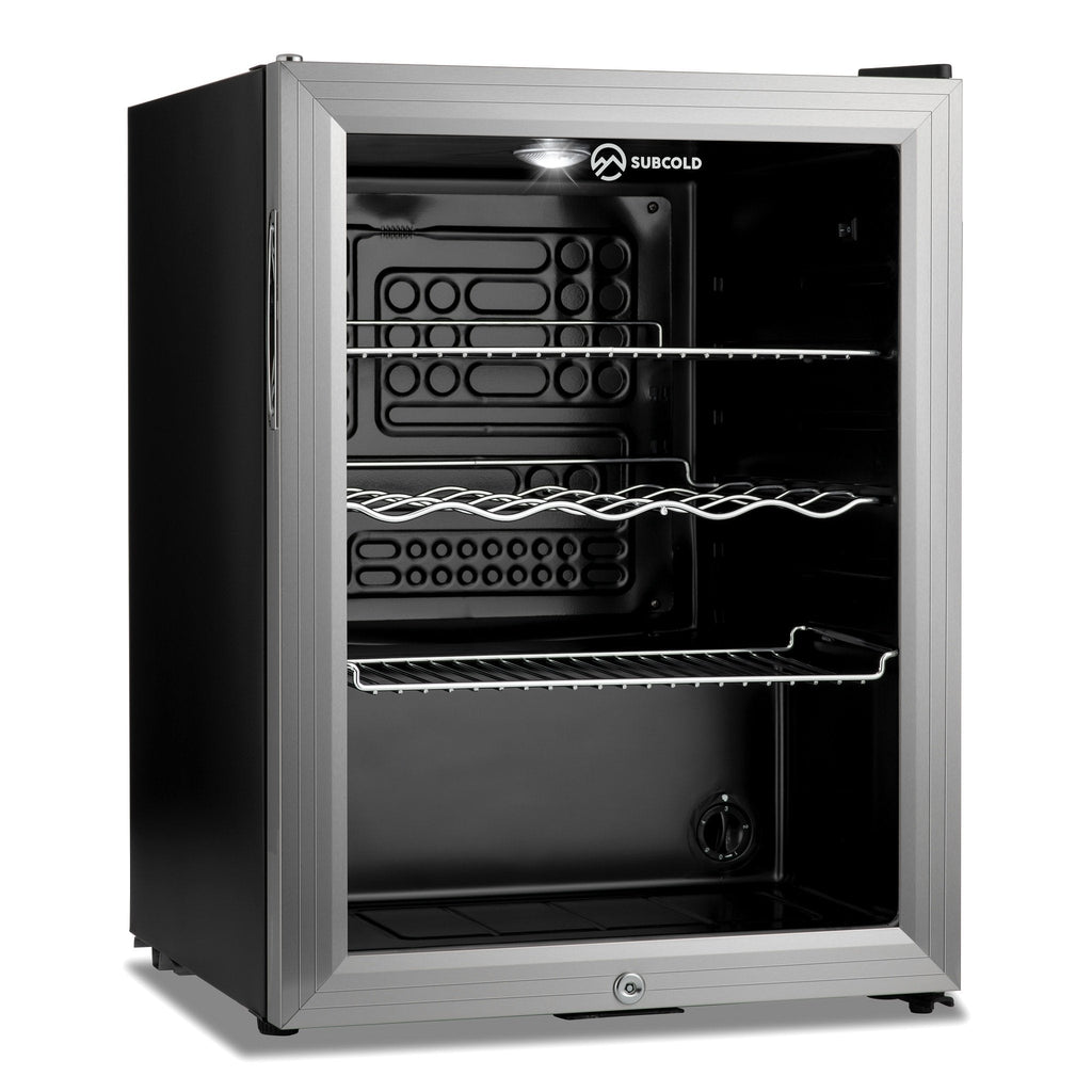 Silver drinks fridge interior with bottle racks and wire shelving compartments
