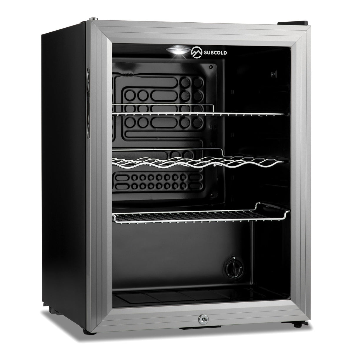 Silver drinks fridge interior with bottle racks and wire shelving compartments