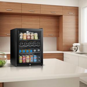 Black drinks fridge with glass door, LED interior displaying cans and bottles