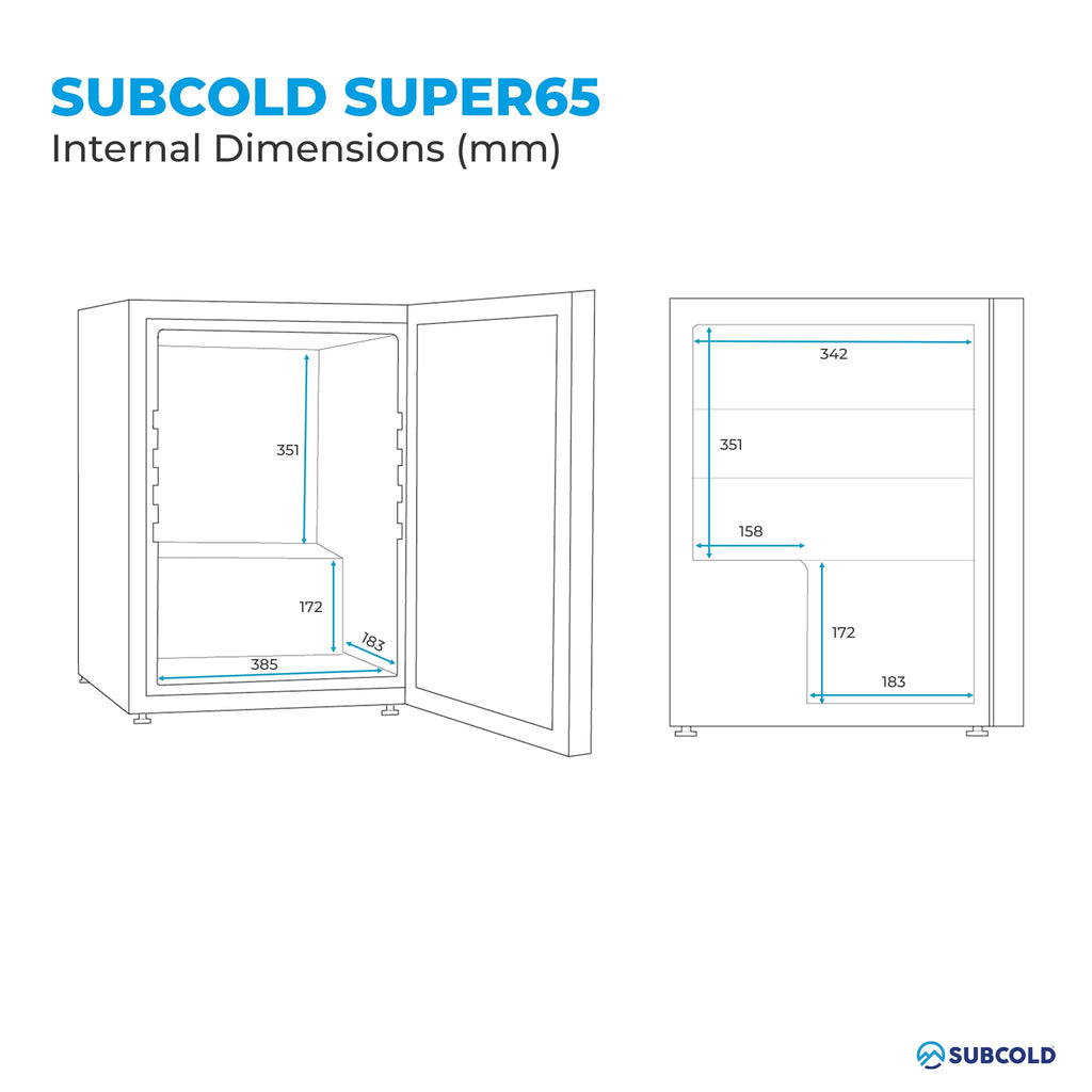 Super65 drinks fridge internal dimensions diagram with mm measurement lines
