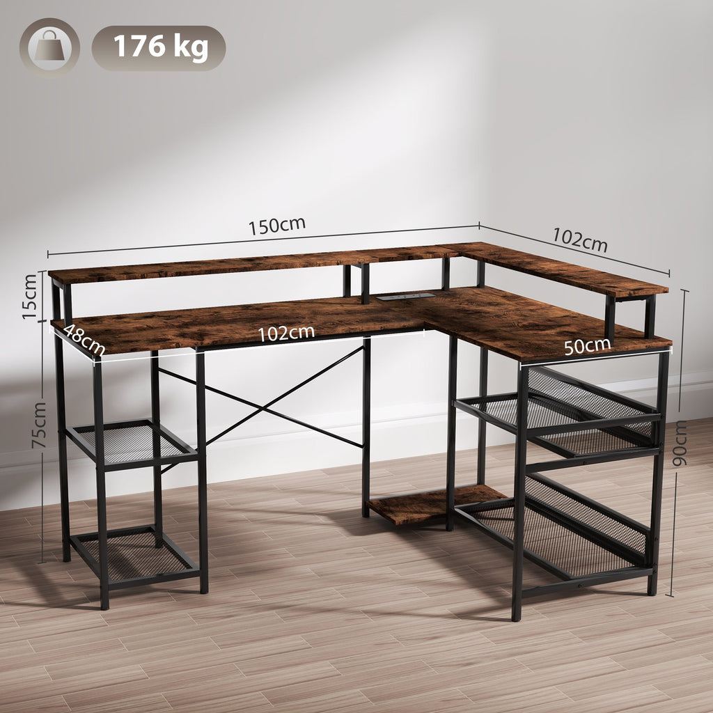 Rustic brown L-shaped desk with black metal frame, open shelves, and corner storage