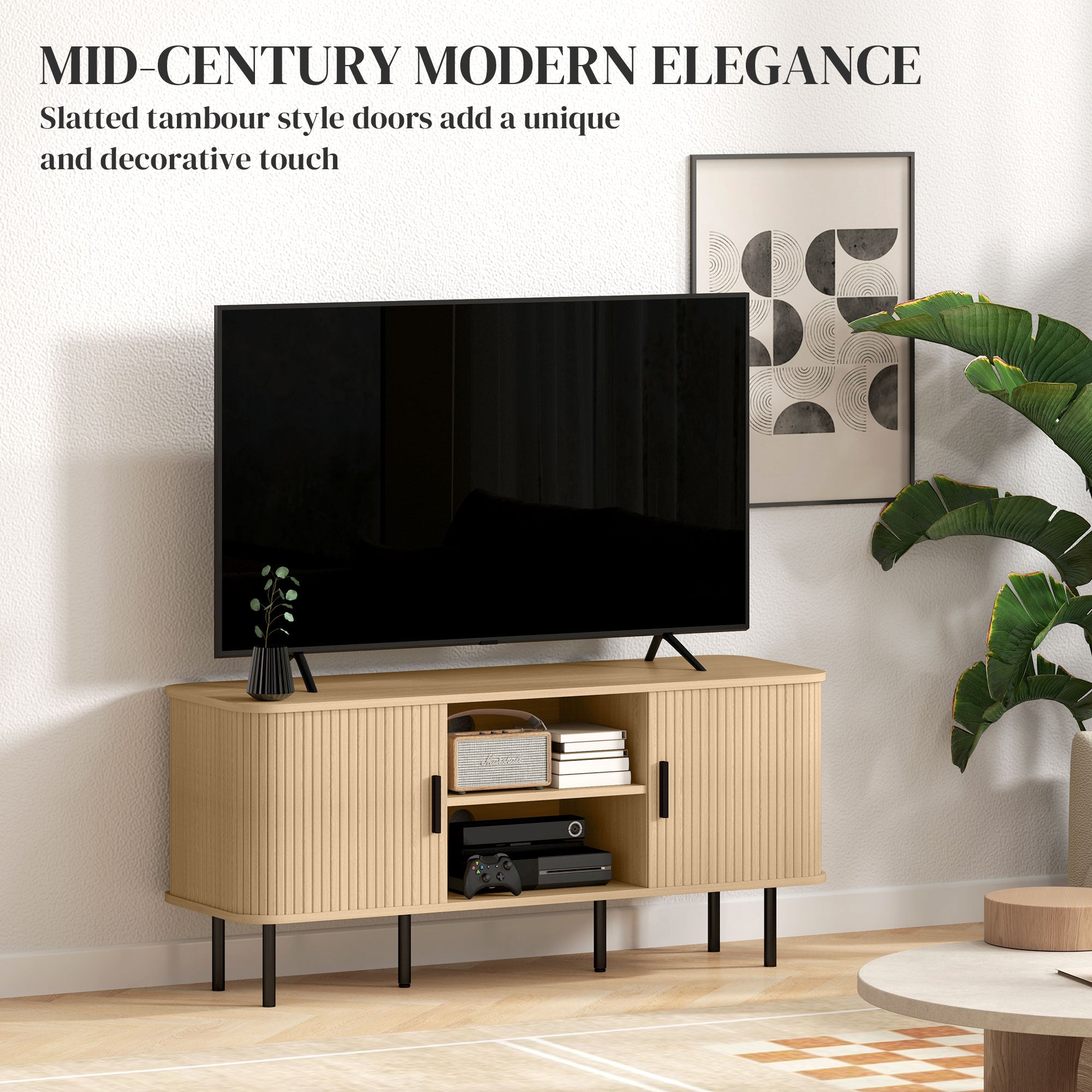 Oak-tone TV stand with open center compartment and side doors for storage