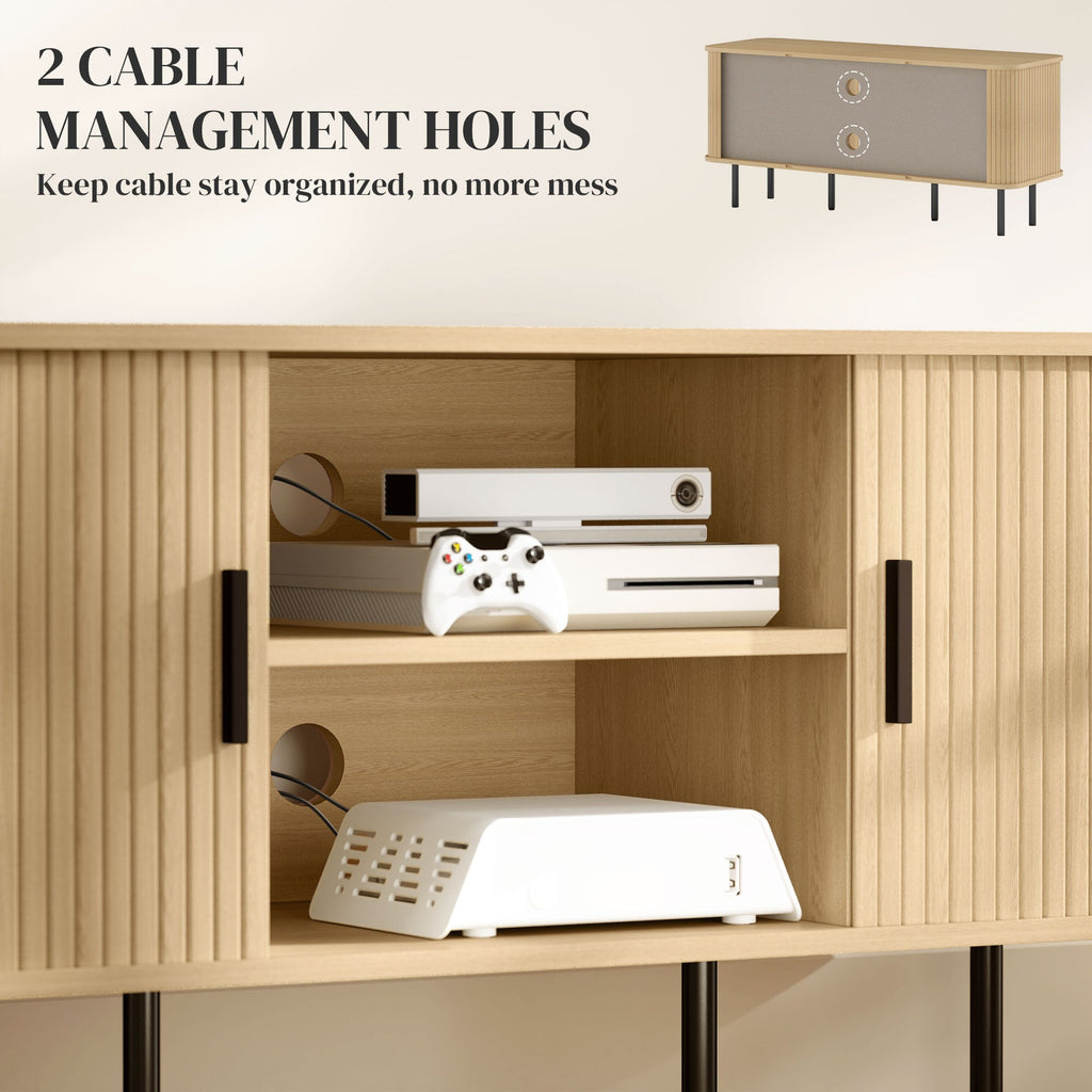 TV stand interior with open shelves and two cable management holes for devices
