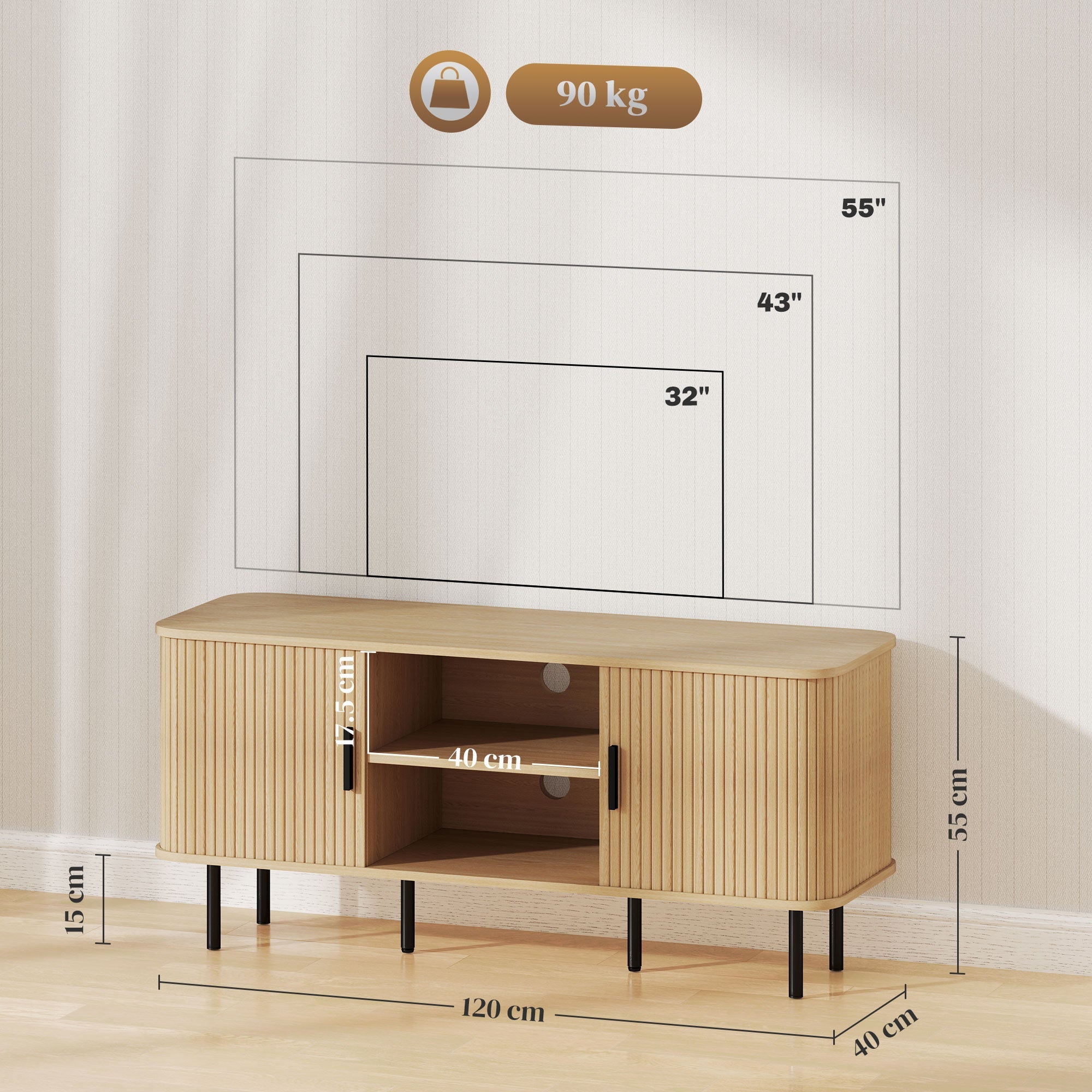 Oak-tone TV stand with open compartment and side-door storage, shown with dimensions