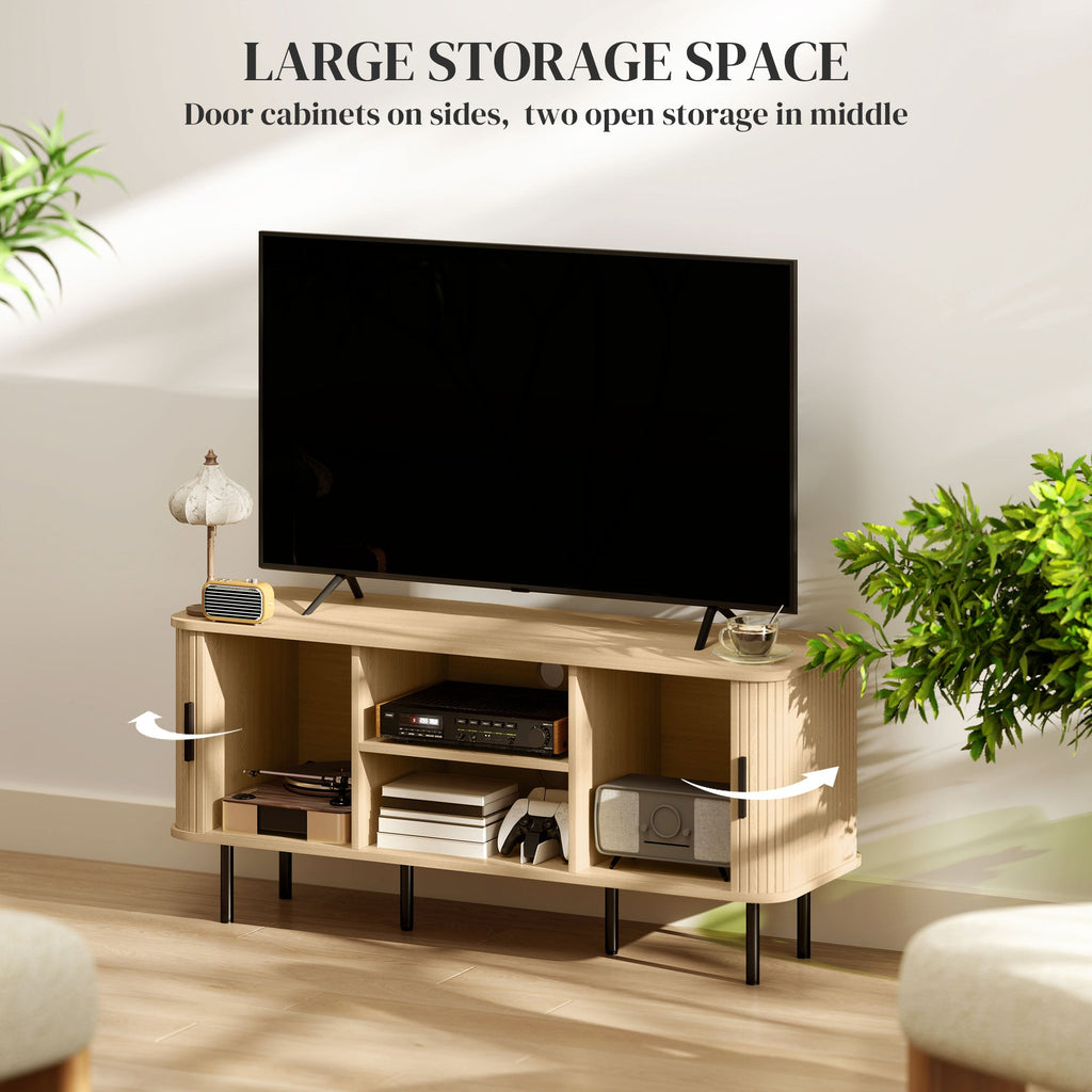 Light oak TV cabinet with open shelves and two side compartments behind doors