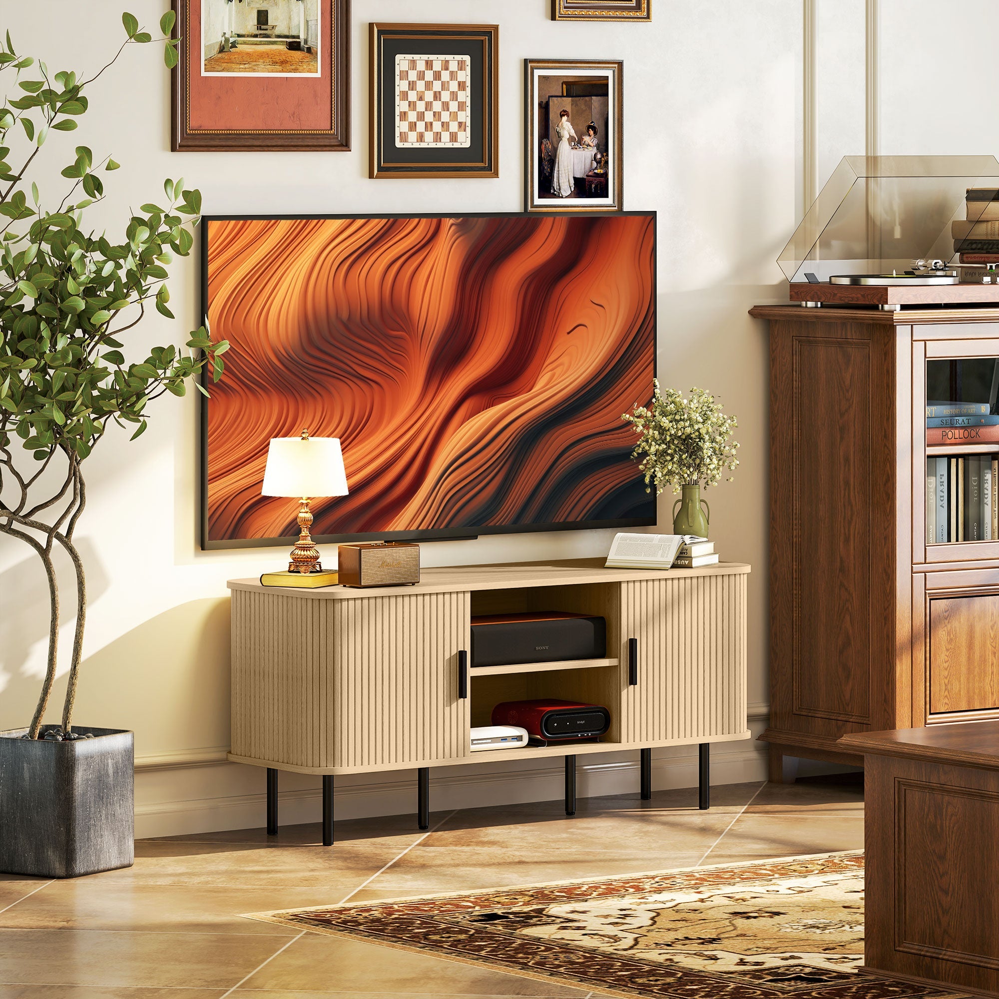 Oak-tone TV cabinet with two-door storage and open center shelf for devices