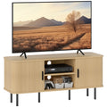Wood-tone TV stand with two side doors and open center media shelf