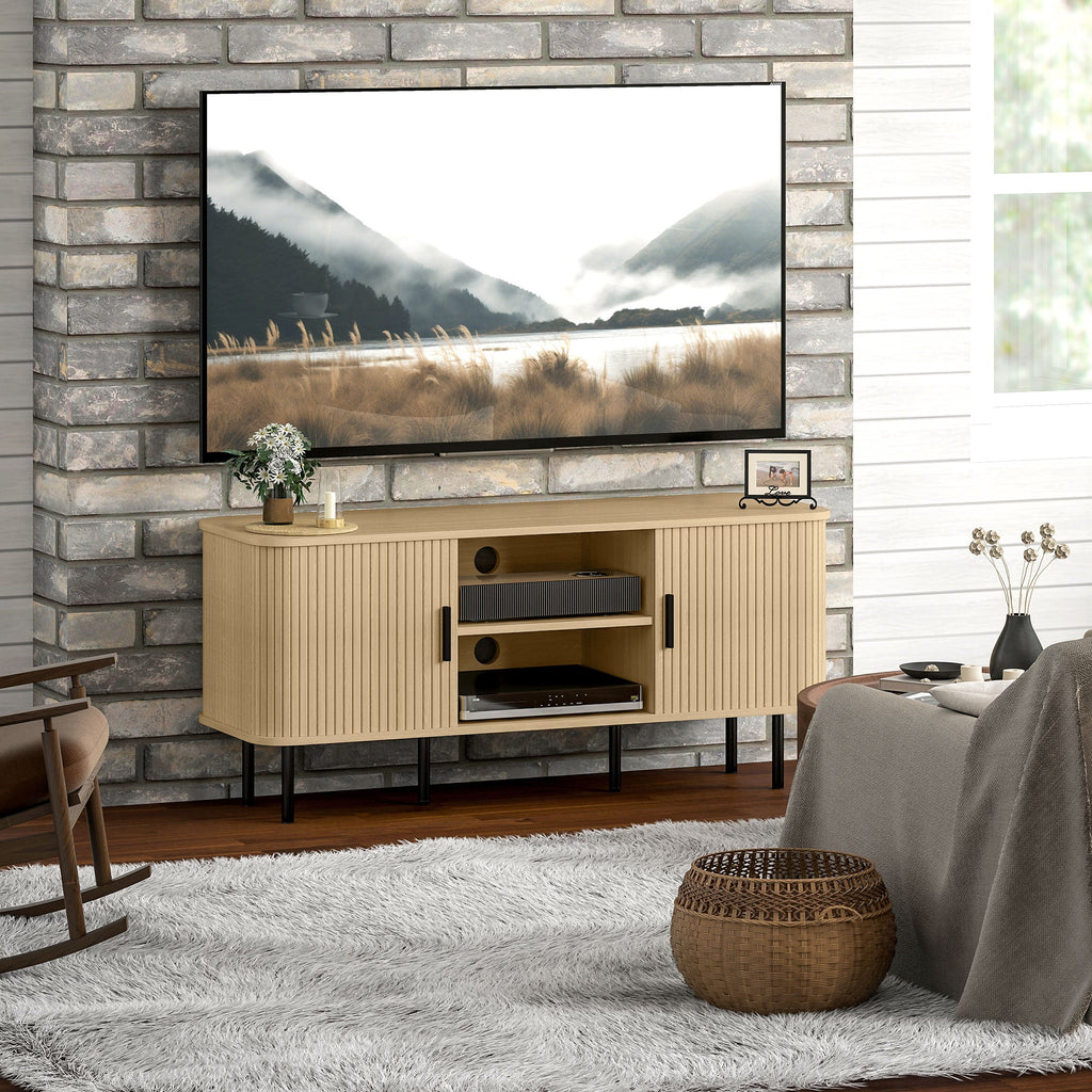 Oak-tone TV console with open center shelf and closed side storage compartments