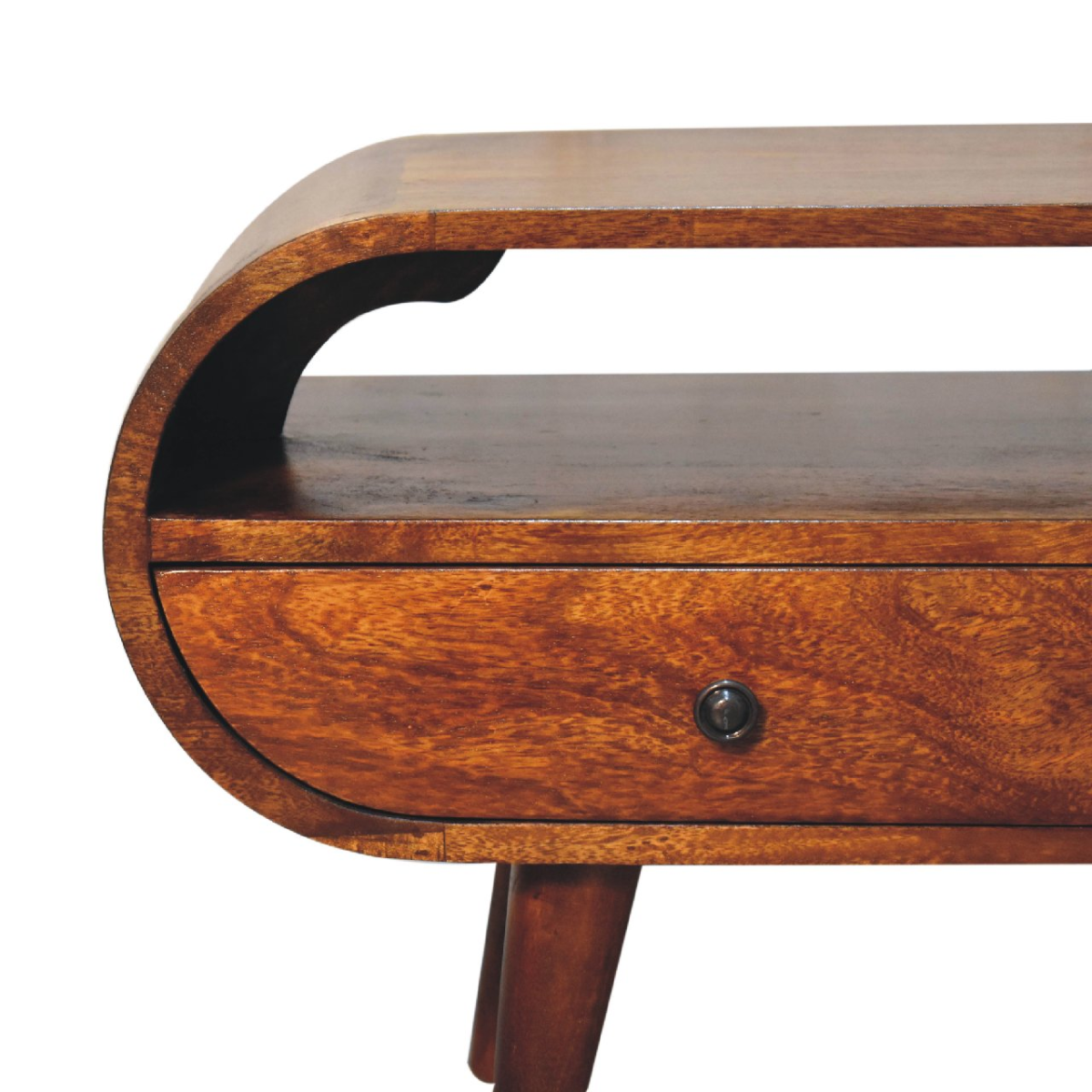 Close-up of chestnut wood round TV stand drawer with knob and curved carved apron